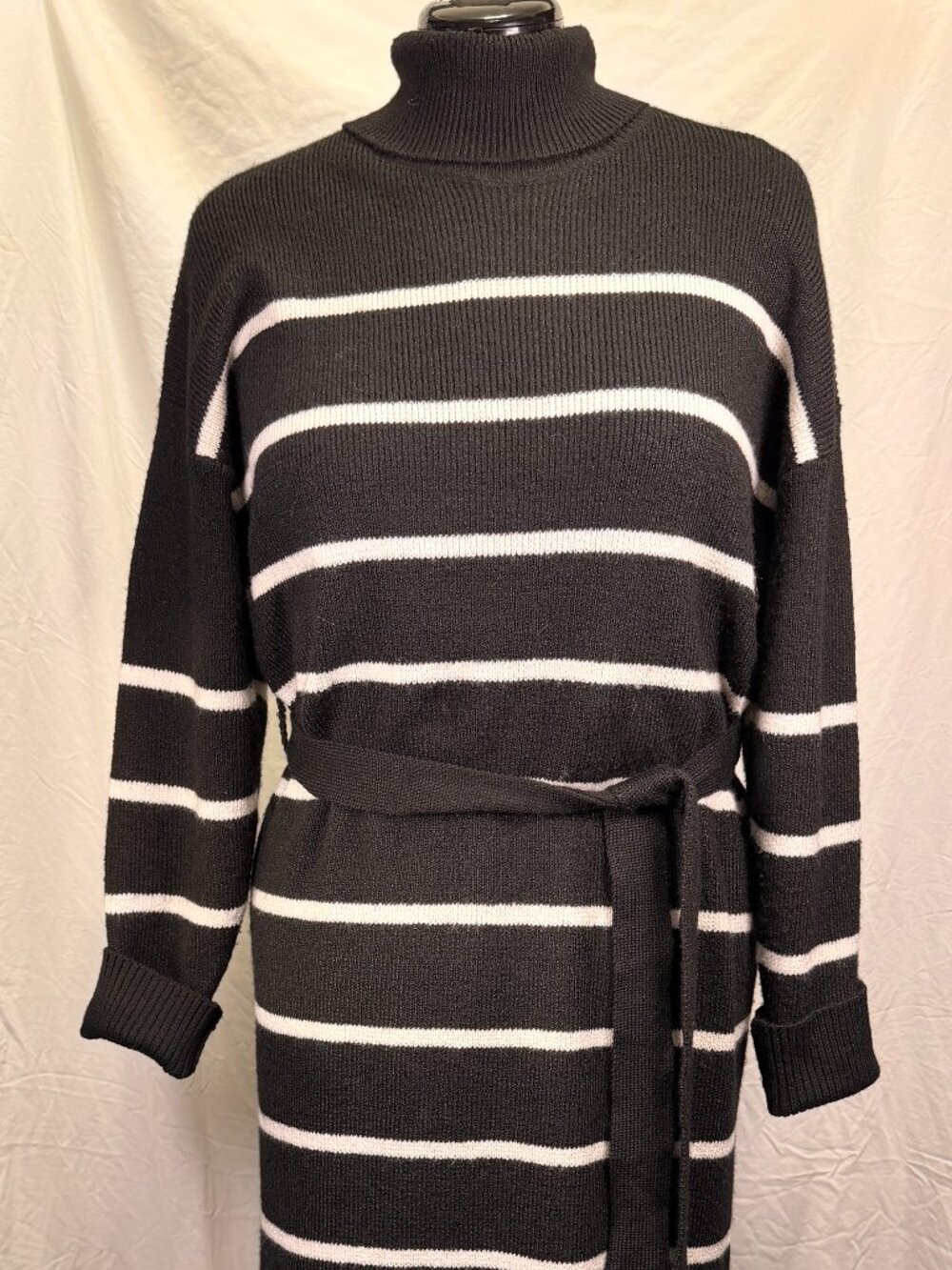 Lulus Black Ivory Striped Mock Neck Belted Sweater Dress XL